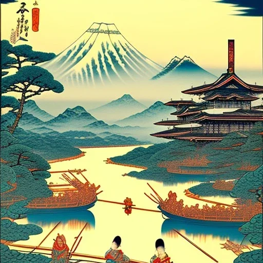 Ukiyo-e styled art, stream, mountain, sun, family on a boat