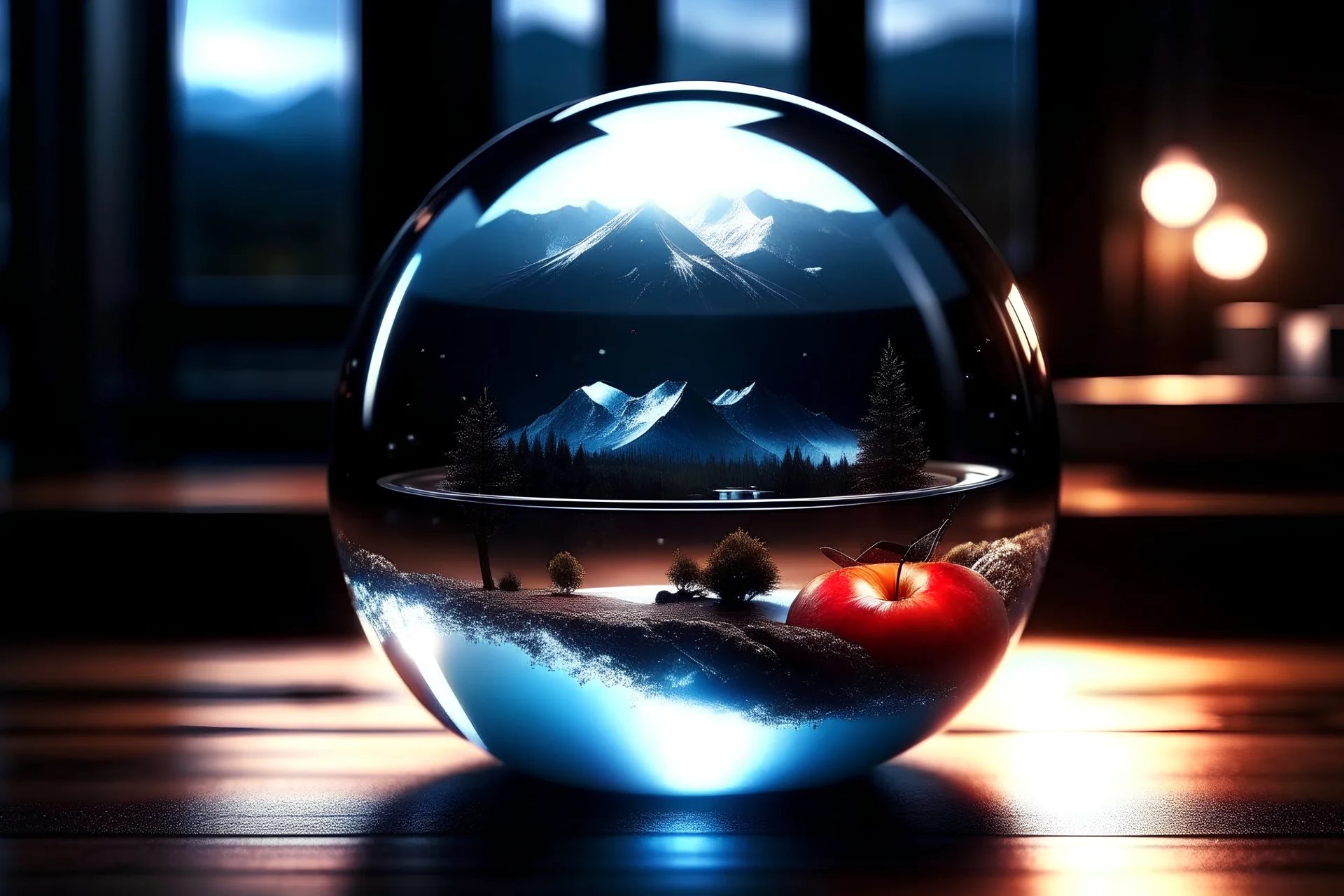 Beautiful landscape inside A crystal apple ,dramatic scene,realistic,hd