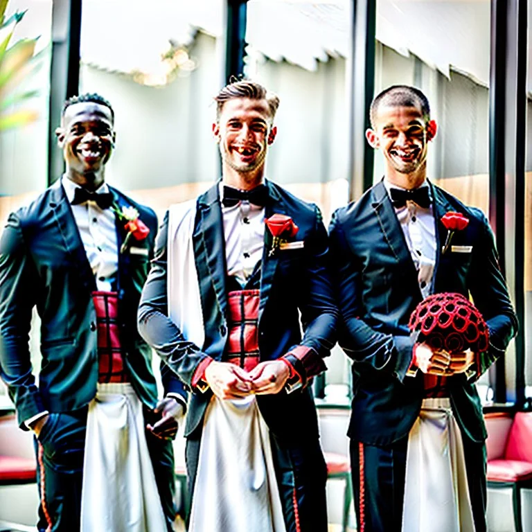 3 black waiters with red and black different uniforms in luxury wedding hall