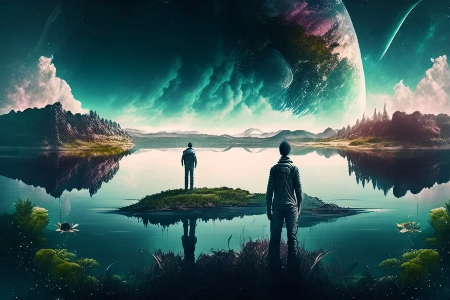 epic, cosmos, persons, big epic lake, planet, vegetation, movie poster hd