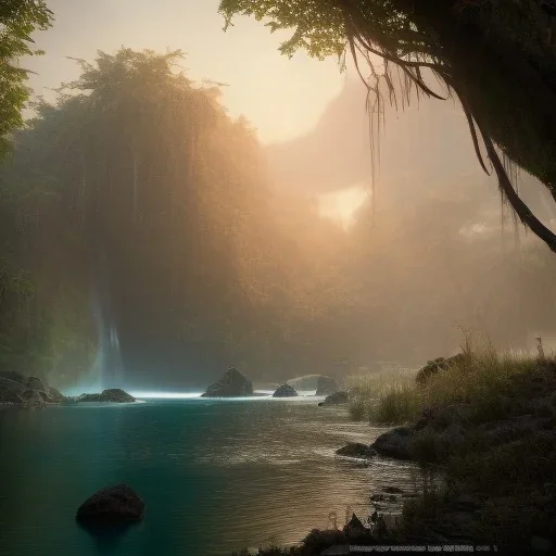 Artemis Tapınağı fantasy fantasy art, island waterfall palms twigs spring sunset rainbow bridge birds, lighting, cinematic, extremly, mist, unreal engine 5, cinematic lighting, beautiful, photorealistic, abstract