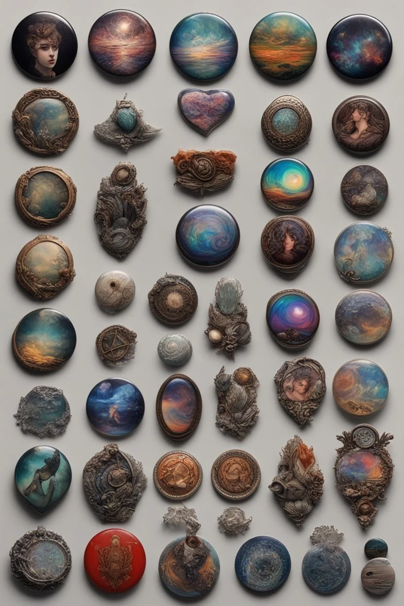 Badges, buttons, ideas, and feelings drop off by themselves. An individual can cherish them but they mean nothing; Neo-surrealism; Transcendent; Incredibly Detailed; Iridescent