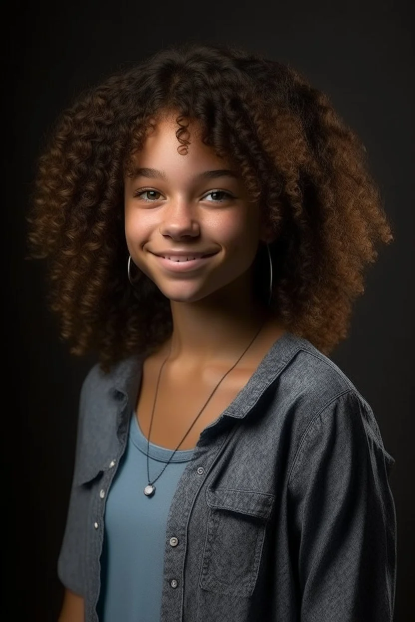 full body portrait of a 16 year old girl named Runa Rivers, main character of a youth novel, tall for her age - ca. 1,8m, light blue eyes, full lips, side cut, dark brown very curly short hair, smiling, black skin looking caucasian, freckles