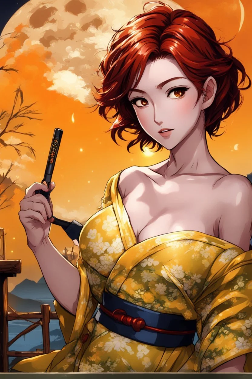 (Asian), short hair, fiery red hair hair, normal hands yukata, yellow clothes, 8k, best quality, winking, very dark night time, lighting from moon yellow moon, perfect, masterpiece, anime style, cartoon style,