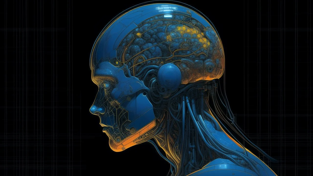 A digital brain by Moebius and Sorayama. Style is cyberpunk with a dark background and blue and orange colors.