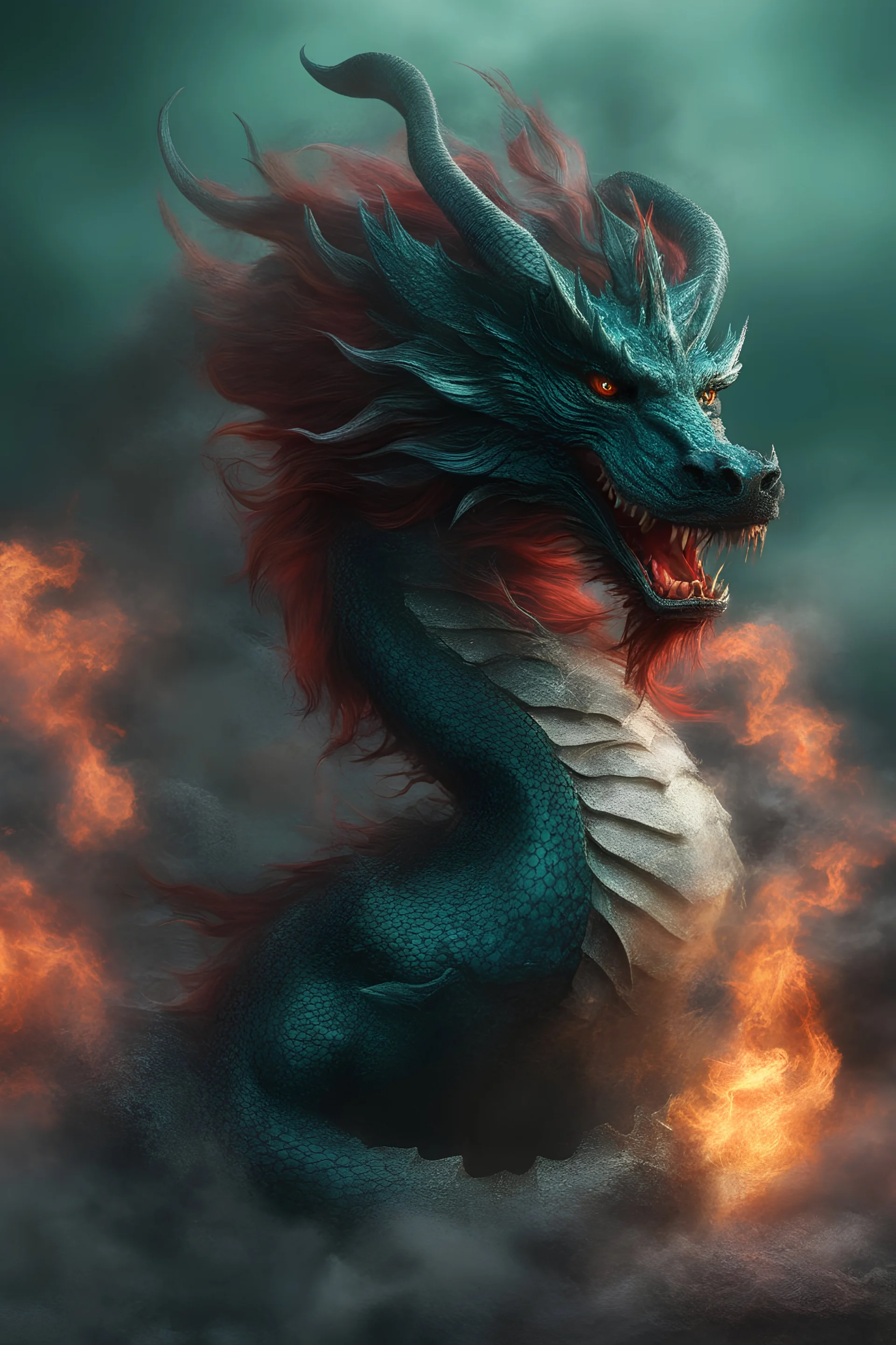 3D, the black Chinese Indian Dragon with Long wavy, curly (((red hair))) and bright, (((sea-green eyes))), breathing fire - full color - 32k, UHD, 1080p, 8 x 10, glossy professional quality digital photograph - dark foggy gradated background, historic, powerful, octane rendering, exquisite detail, 30 - megapixel, 4k, 85 - mm - lens, sharp - focus, intricately - detailed, long exposure time, f8, ISO 100 - back - lighting, ((skin details, high detailed skin texture))