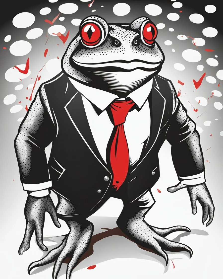 Ilustración vectorial de sapo con traje y corbata, colores negro, blanco y rojo, full body