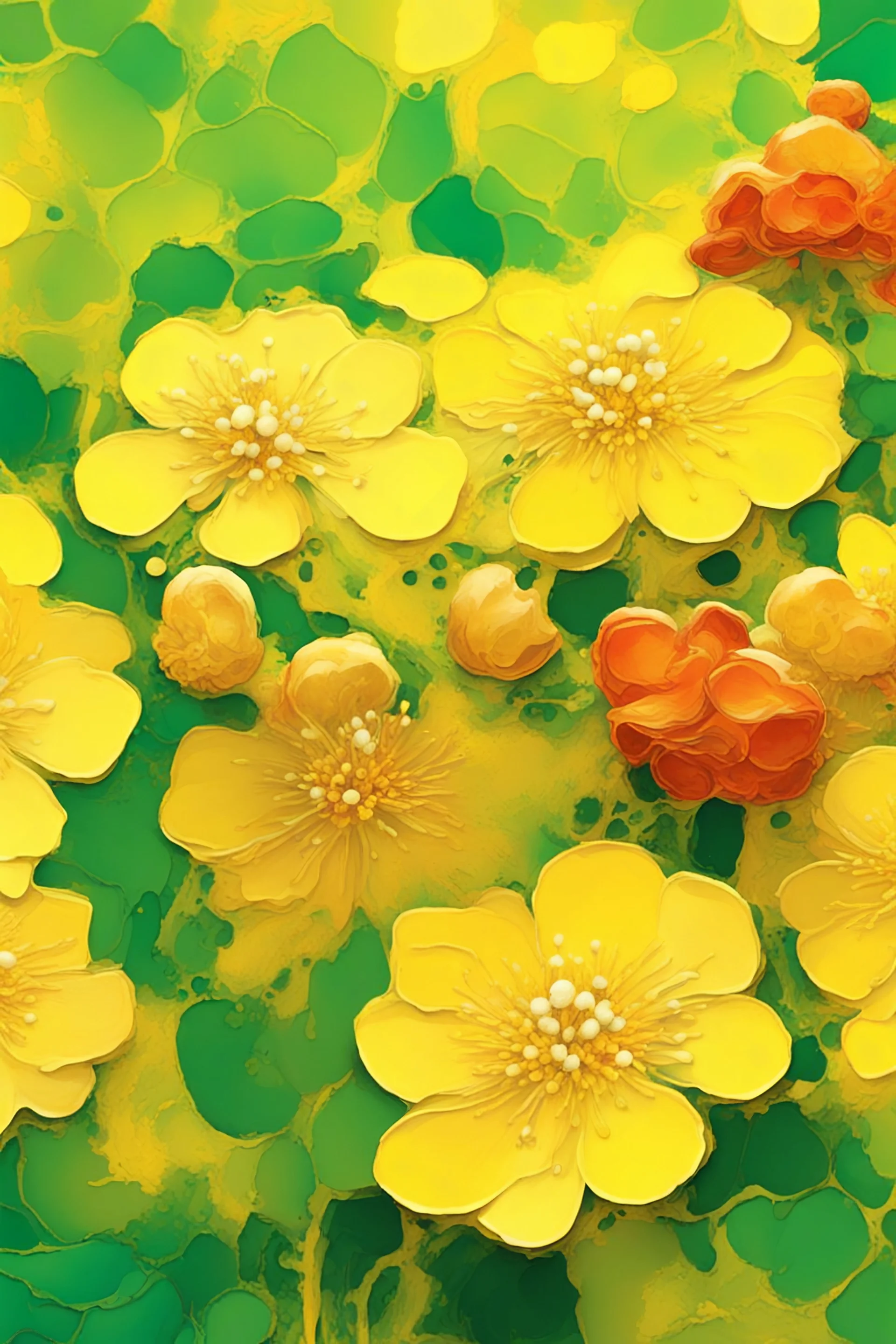 ideal image optimization, the best lush big Hypericum flower result, Create stunning summer flowers art combining Gustav Klimt's intricate style with Pierre-Auguste Renoir's vibrant brushstrokes. Use alcohol ink splatter for dynamic elements. Aim for hyper-detailed super realism in 8K, with bright neon colors and gold accents, capturing a radiant summer day. Add an Art Nouveau aesthetic to enhance elegance and sophistication of this award-winning Masterpiece seamless pattern