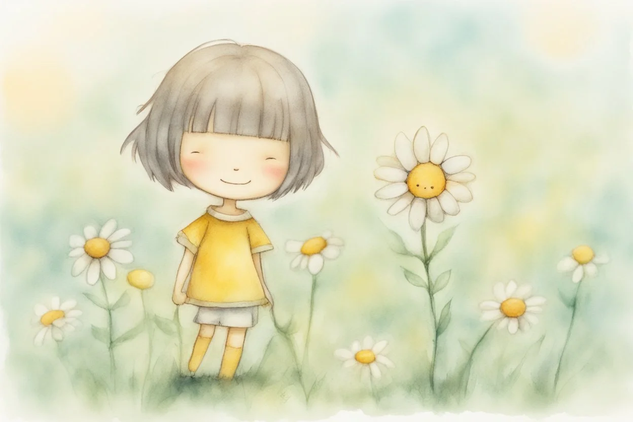 cute chibi anime smiling faced daisy flowers playing football in sunshine, styles of Paul Klee Dee Nickerson and Tim Burton, melting watercolor and black ink outlines on wet paper, soft, shading strokes, in sunshine, ethereal, cinematic postprocessing, bokeh, dof