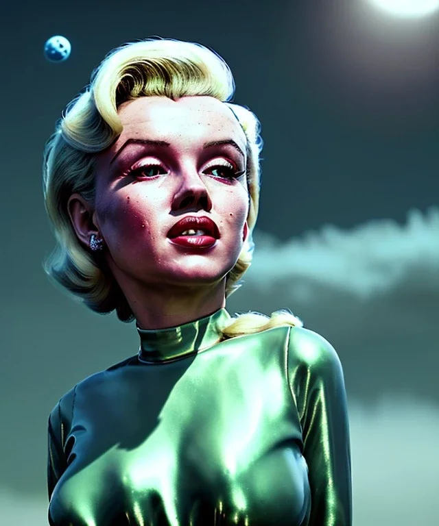 Ultra Realistic retro sci-fi 1960 scene, waist up view portrait, blonde woman, sweet young Marilyn Monroe face, perfect iris, tight latex coat, alien planet background, tight style, steel sphere dron levitating, fog, rain, soft color, highly detailed, unreal engine 5, ray tracing, RTX, lumen lighting, ultra detail, volumetric lighting, 3d, finely drawn, high definition, high resolution.