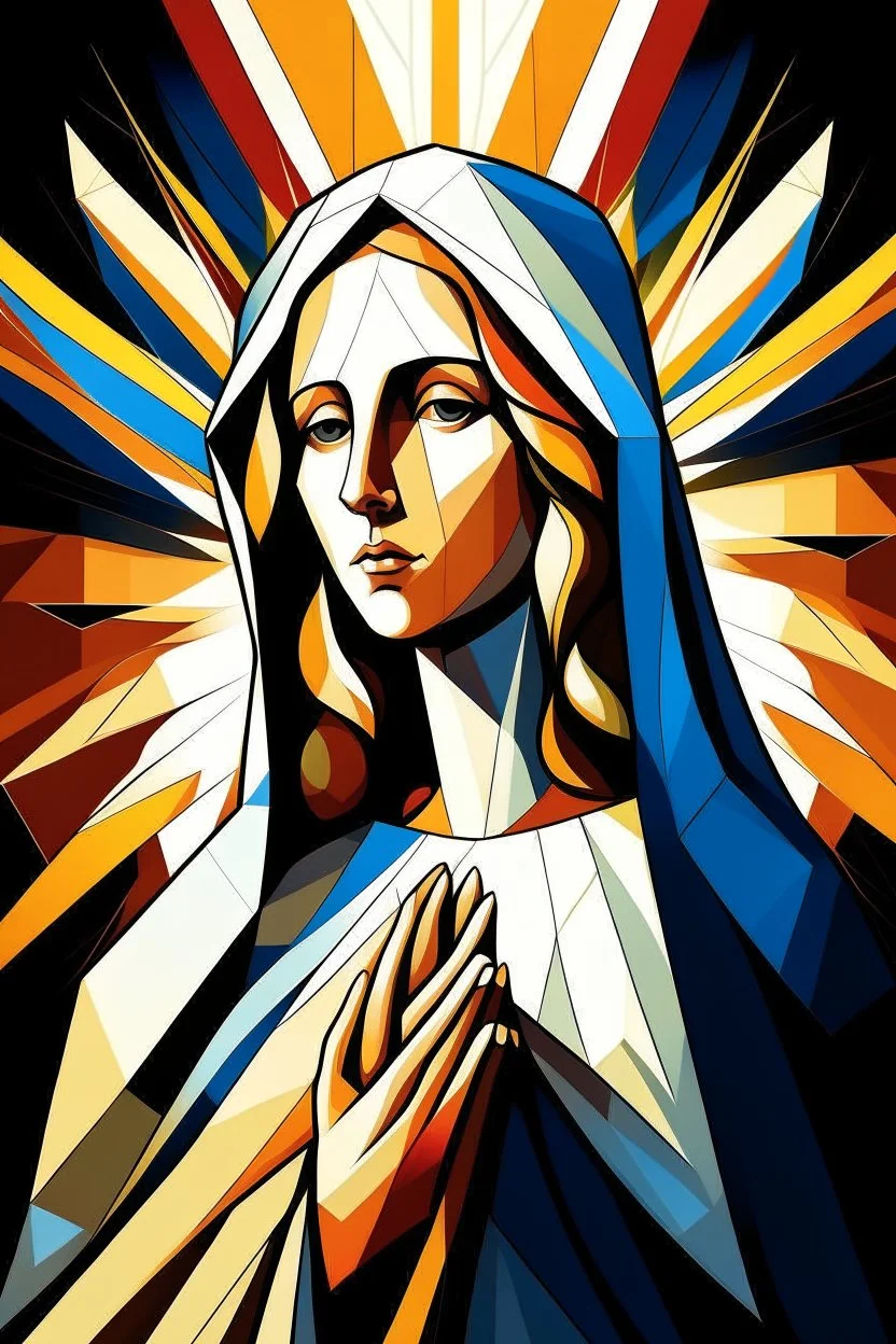 A stylized portrait drawing of colored tiles of Mary the mother of Jesus with long hair, wearing a white veil and surrounded by a geometric halo of rays of light against a dark background- cubism style