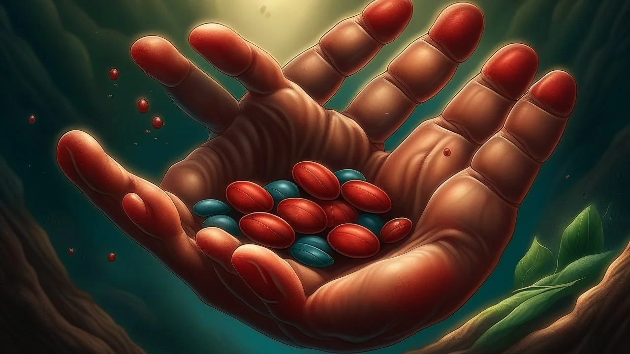 Fantasy digital illustration: 5 pieces of beans in a hand