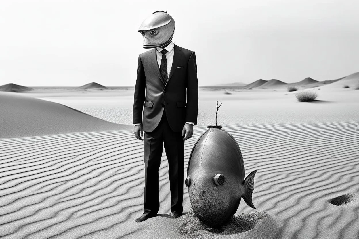 imitating analog photography in black and white, man with a fish tank instead of a head, three-piece suit, in a desert, realism, white and black photographic, analog photography grain texture