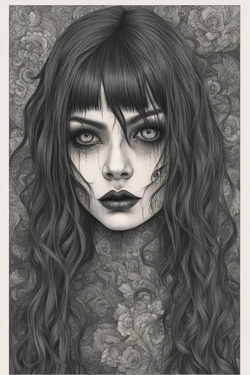 create a disturbing horror portrait of a dark haired, savage, gothpunk vampire girl with highly detailed , sharply defined hair and facial features, in a dark, otherworldly London in the style of Junji Ito, precisely drawn, inked, with dramatic edges,