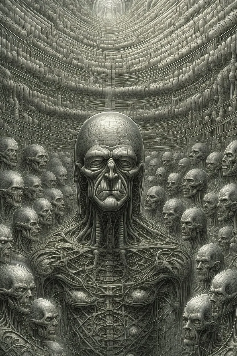 A field of thousands hands and heads inside a human cell , a thin line draw ،front view camera, surreal horror, biomechanical design, by hr giger and beksinski , Busch painting style