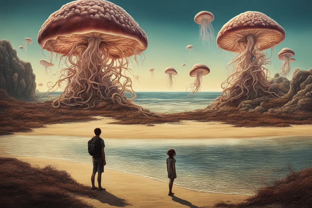 Standing on a beach of an alien world, watching mushrooms with jellyfish tentacles in the sky, photorealistic, Deep Colour, Fantastical, Intricate Detail, sunshine