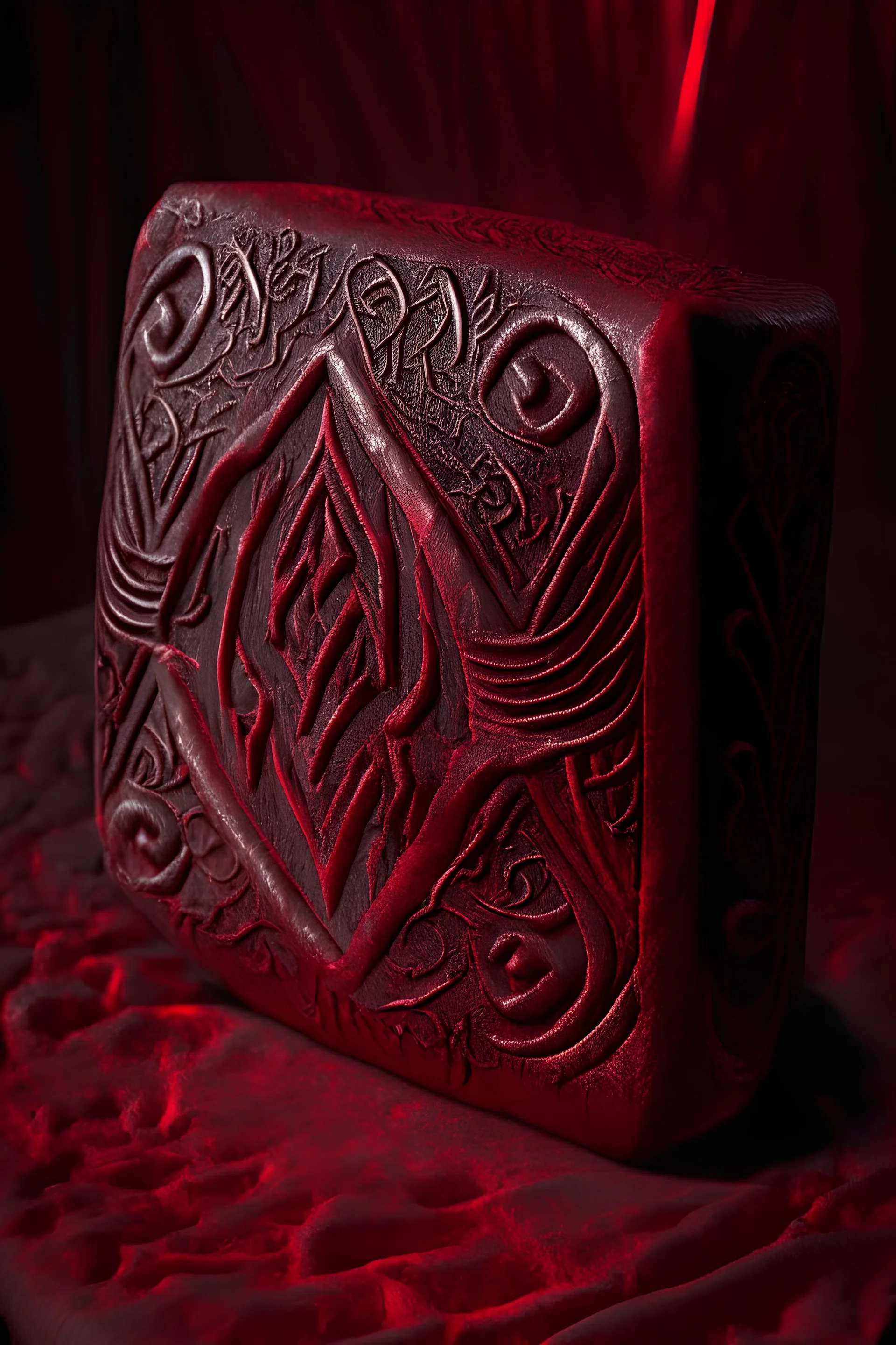 A bar of Blood Iron rests upon a crimson velvet cushion, emanating an eerie glow as faint whispers seem to echo from its surface. The ornate markings etched into the metal shimmer with a crimson hue, pulsating with ancient power. The bar's weight feels heavier than expected, hinting at the potent enchantments contained within. Runes of arcane origin, carved with precision, encircle the edges, capturing the essence of the blood from which it was forged. As you gaze upon this legendary weapon mate