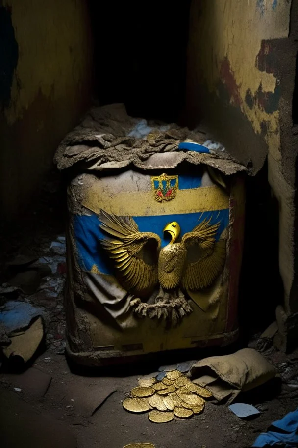 in a LARGE BASEMENT, half-buried in the earth, an ancient, worn-out, worn-out, torn-side valise peeks out, from which gold coins from the time of Catherine the Great fall out. The ancient coat of arms of Russia, the double-headed eagle, is BARELY VISIBLE on the bag. There are a lot of broken bricks and earth around the bag. All in high quality 8K