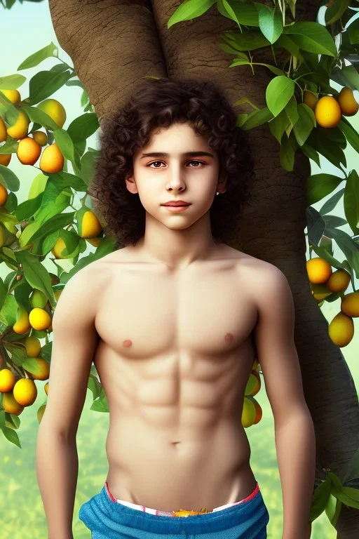 beautiful 12 year old arabic boy with long, curly hair and light blue eyes, smiling, shirtless, in front of a distant mango tree