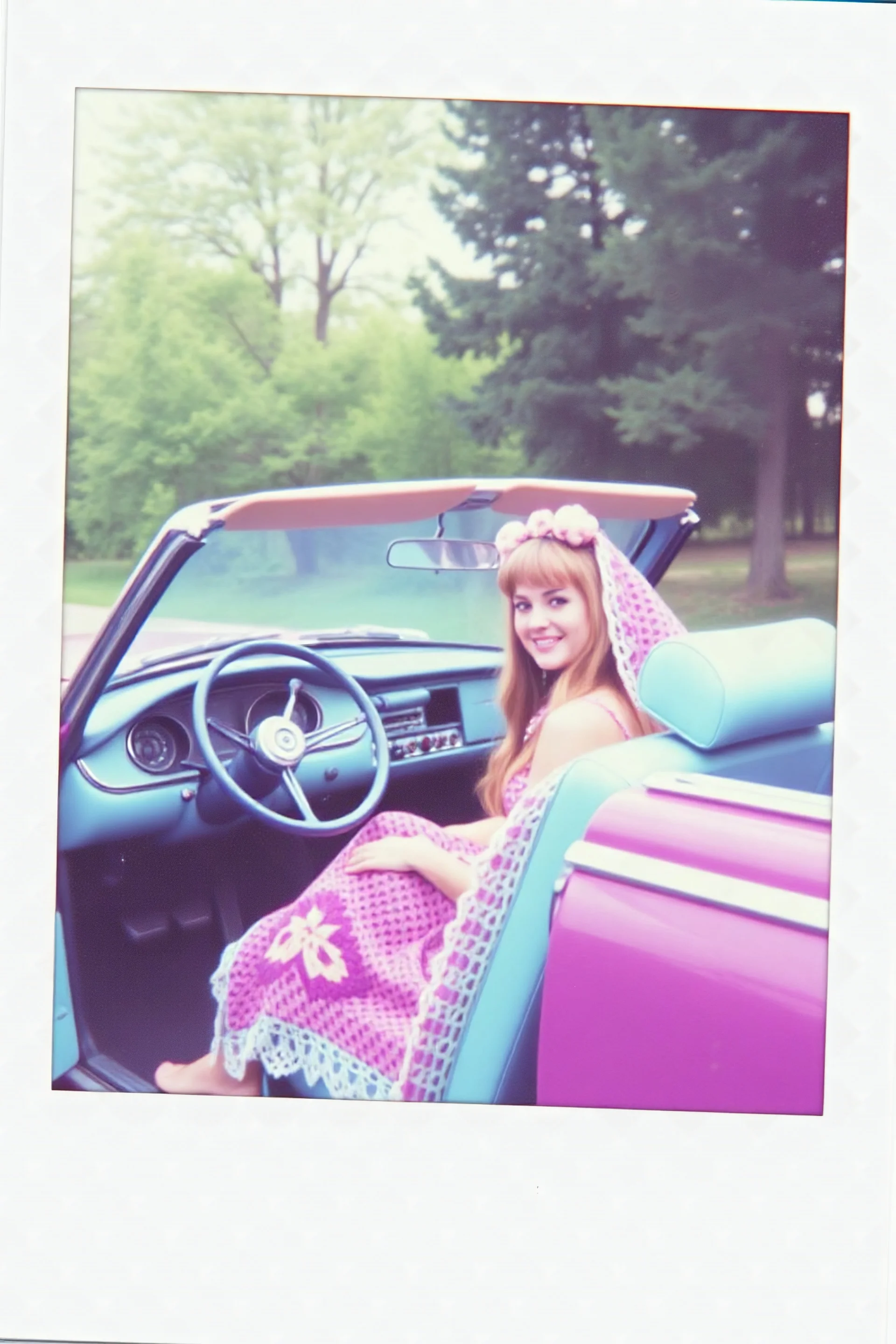Vintage polaroid of a hippie car,crochet, purple, turquoise, Priscilla presley