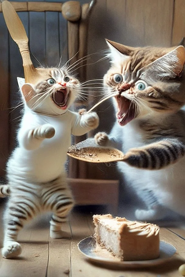 mother cat chasing baby cat with wooden spoon eating cake with wooden spoon at 70th bithday party