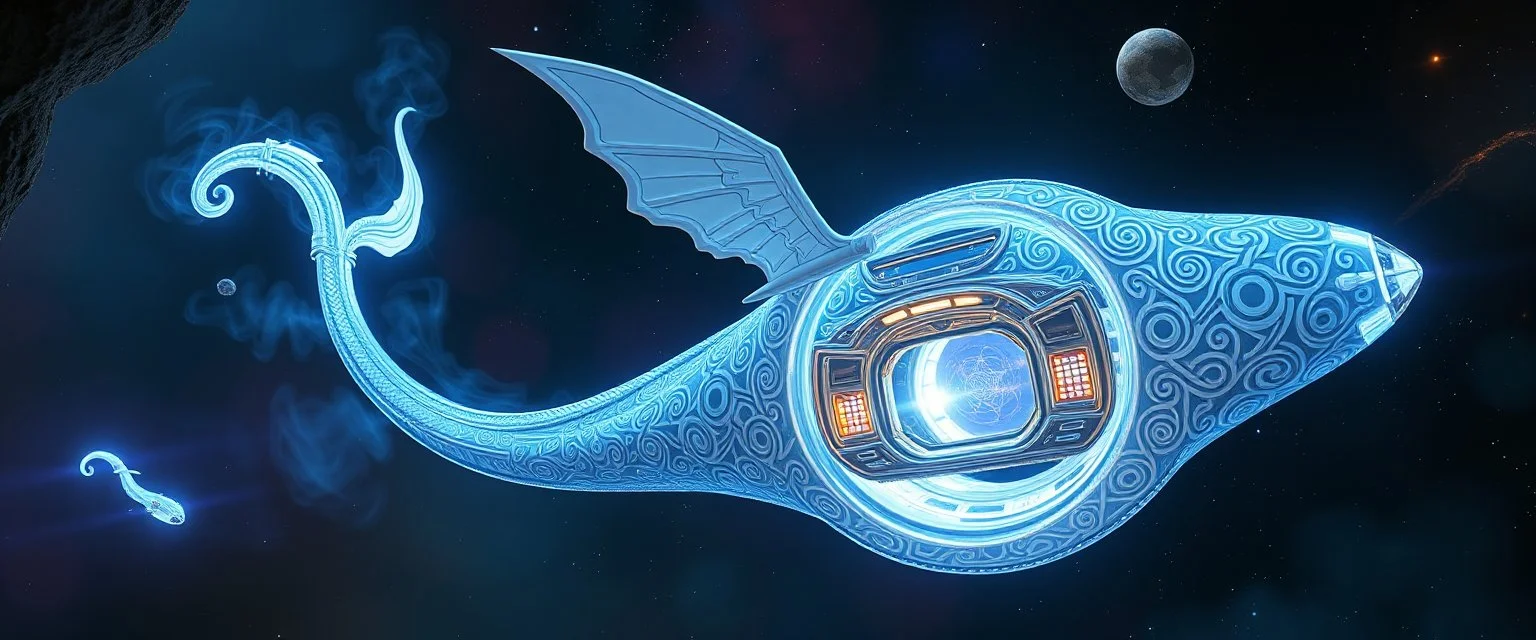 swirley borehole whip tailed, celtic knot hollow tube transparent core ornate indented space ship, shiny bright mega ship flourescent white blue like bubble gum with a few big windows and decks, interdimensional twister, rock against colored spaced fog, space interior. split tail, winged serpent, glowing aura