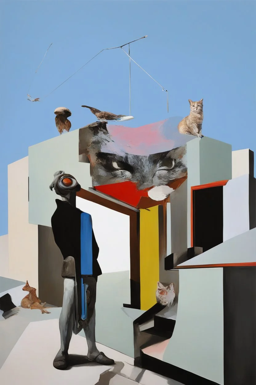 Abstract painting formed by a mix of a cat and human flesh-like surgical instruments and universe-like a pigeon and neuralink, surrealism,minimalism,Painting By Adrian Ghenie, Rene Magritte, Salvador Dali, Lucian Freud