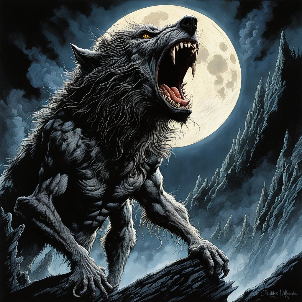 Dramatic Werewolf howling balefully at the full moon, in Ian Miller and Michael Whelan and Kelley Jones style, edge light, chiaroscuro, high quality, cinematic, volumetric lighting, perfect eyes, perfect pupils, perfect mouth, viscous teeth, matte oil painting, loose brush strokes, rich dark color, expressive eyes, smoke, particle effects, haze, ultra detail, light leaks, artstation trends, sharp focus, intricate details, by Jeremy Mann.