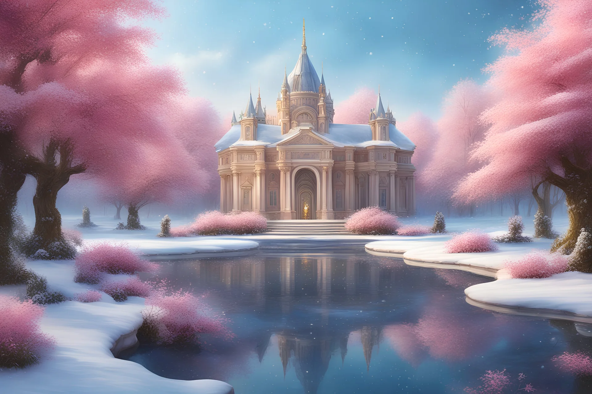 on a island, in a snowy and bright landscape a magnificent palace, tall trees, delicate flowers a pond in the foreground, a fountain, snowflakes, a blue sky,8k, very hight definition, lots of refined details, realistic painting, magical and sweet pink atmosphere