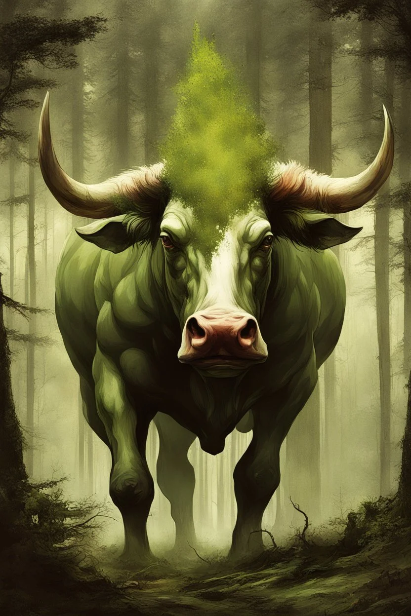 A bull or a horse with a wooden totem on its back, in the middle of the forest. Opposite is a tree with a green-skinned man on it., by Ryohei Hase, Agnes Cecile, Raymond Swanland, Anne Bachelier