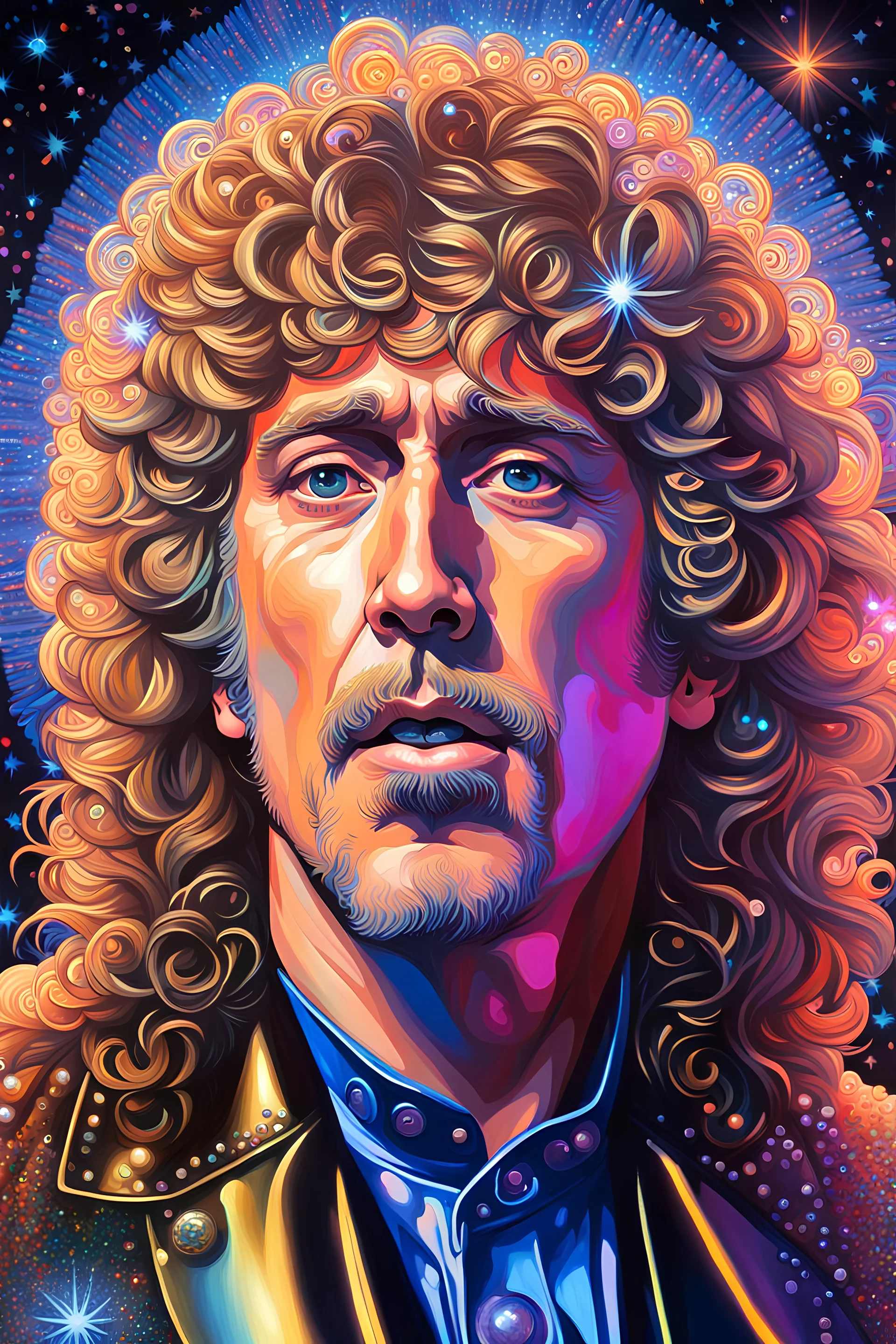 hyperdetailed oil on canvas, Beautiful Face of Roger Daltrey, his perfect precisely detailed face, long curly blond hair, halo, luminous colorful sparkles, by Camille Rose Garcia, DestinyBlue, James R. Eads, Gaspar Camps, Alphonse Mucha; glitter airbrush, depth of field, Octane Render, CryEngine, volumetric lighting, 16k, neon ambiance, abstract black oil, gear mecha, detailed acrylic, grunge, intricate complexity, rendered in unreal engine, photorealistic