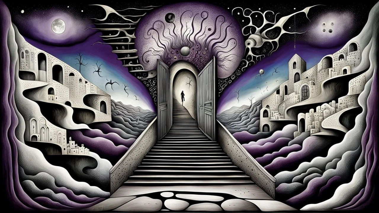 painted inner world with uncontrolled mind and neurodivergens soul, floating doors on sky, over surreal cracked weird empty land . neverending brockened stairs,. dark purple, gray, black, white, brown, malachit, cream color. Whimsical style of Chagall , of Anna Dittman. No people in picture, weird absurd beauty nightmare, black rawen, in background fade neuron network-web, surreal vibe, no humans