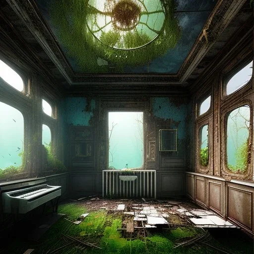 Abandoned house, overgrown, partially submerged,house interior,living room, water inside