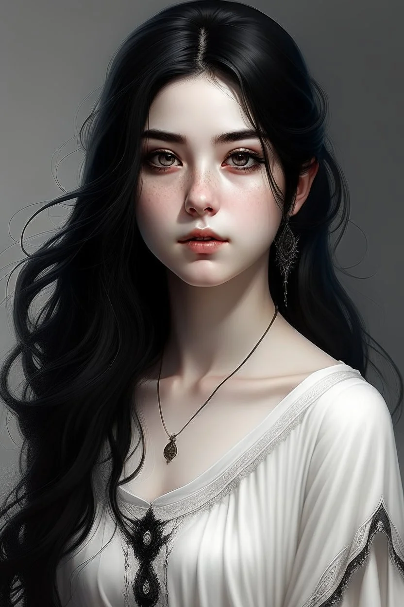 a 16 year old woman, white skin, medium length wawy black hair, beautiful face, black eyes, round body, in a white dress, realistic epic fantasy style