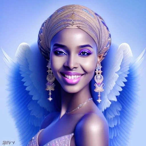 portrait of a beautiful somalian woman with an angel face smiling,long blond hair, blue eyes, pink and blue dress, jewels, soft light aura