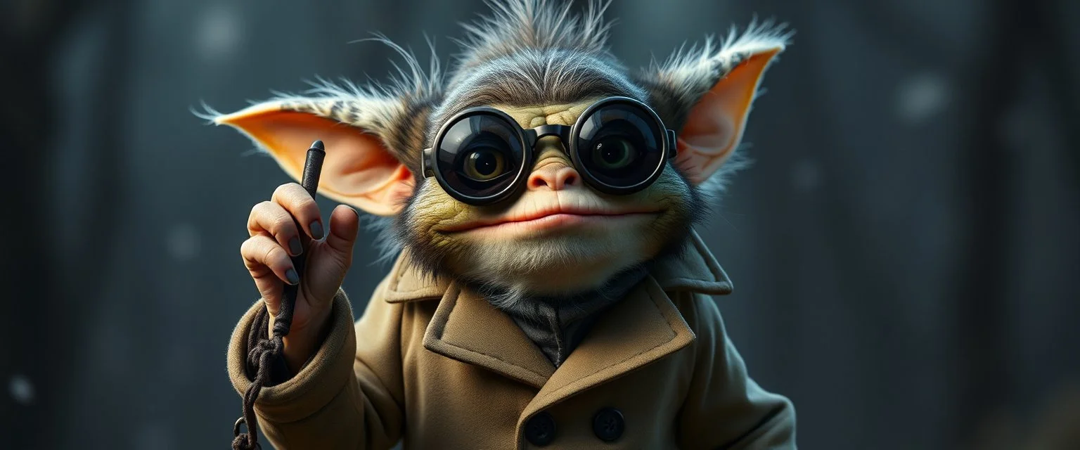 spy fish fluffy gremlin in trenchcoat
