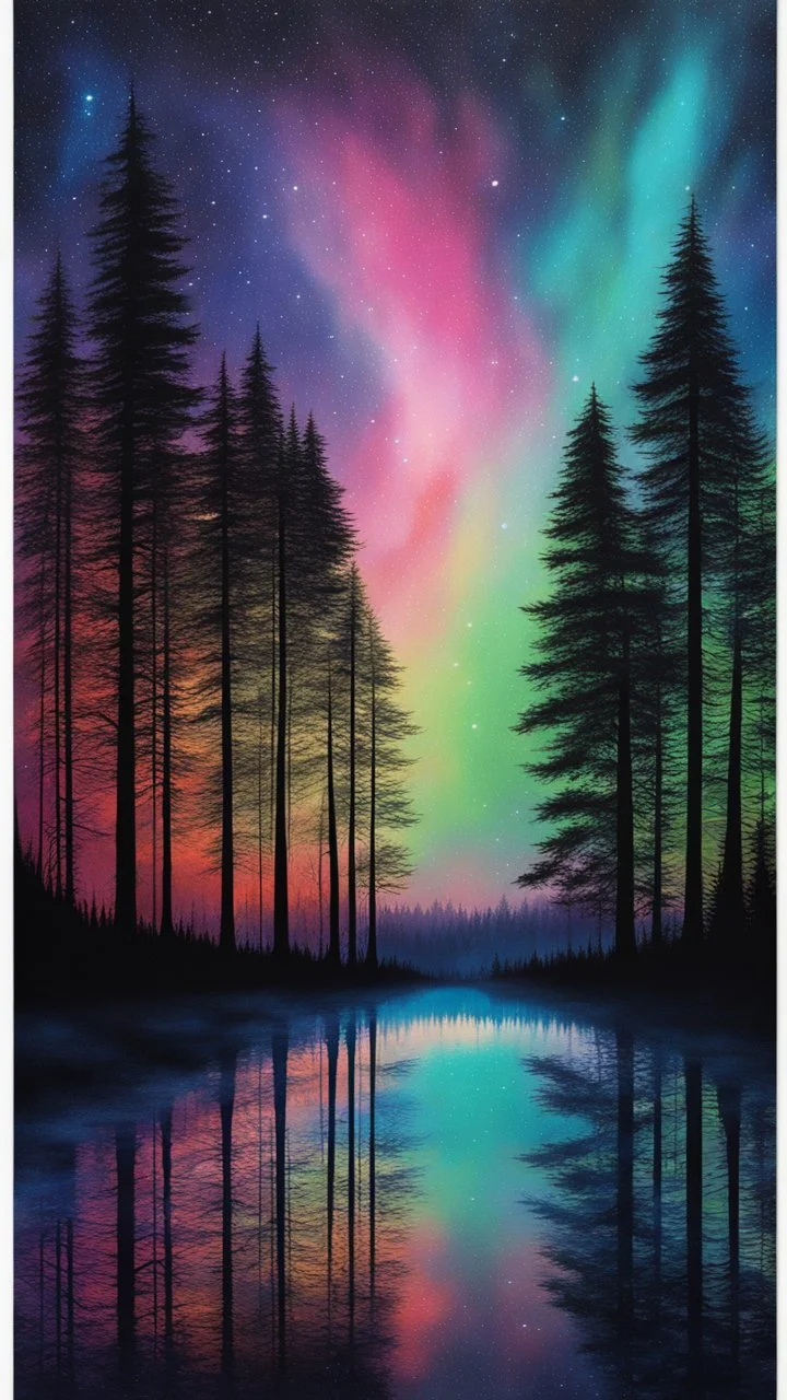 a painting of a night sky with stars and trees, colorful night sky, stary night painting, magical forest backround, cosmic night background, vibrant painting, atmospheric dreamscape painting, night sky background, colorful painting, northern lights background, colorful stars, beautiful color art!, vivid painting, dream scenery art, anato finnstark and alena aenami