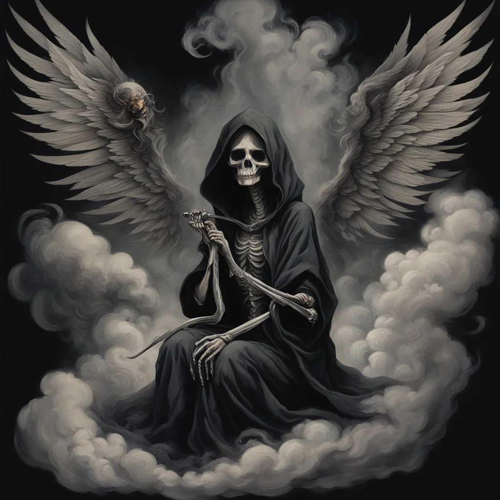 women sitting on a dark background. Her their face turned upwards and blows cigarette smoke from their mouth, The dominant colors are black and gray. It depicts a figure with wings emerging from its back. a hooded skeleton can be seen behind the clouds of smoke. he holds a scythe in one hand and a touch person in the other