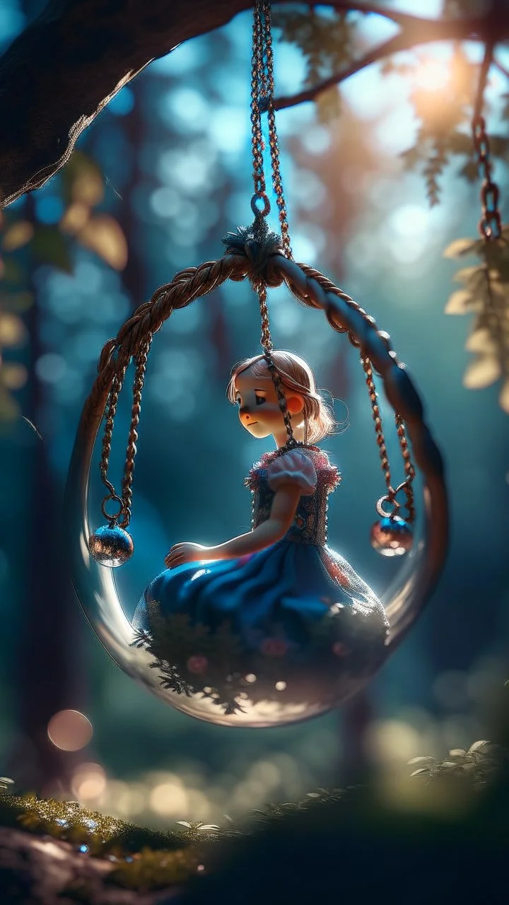 close up portrait of princess on a swing inside a crystal ball hanging from a tree in the mountain , shot on Hasselblad h6d-400c, zeiss prime lens, bokeh like f/0.8, tilt-shift lens 8k, high detail, smooth render, down-light, unreal engine, prize winning