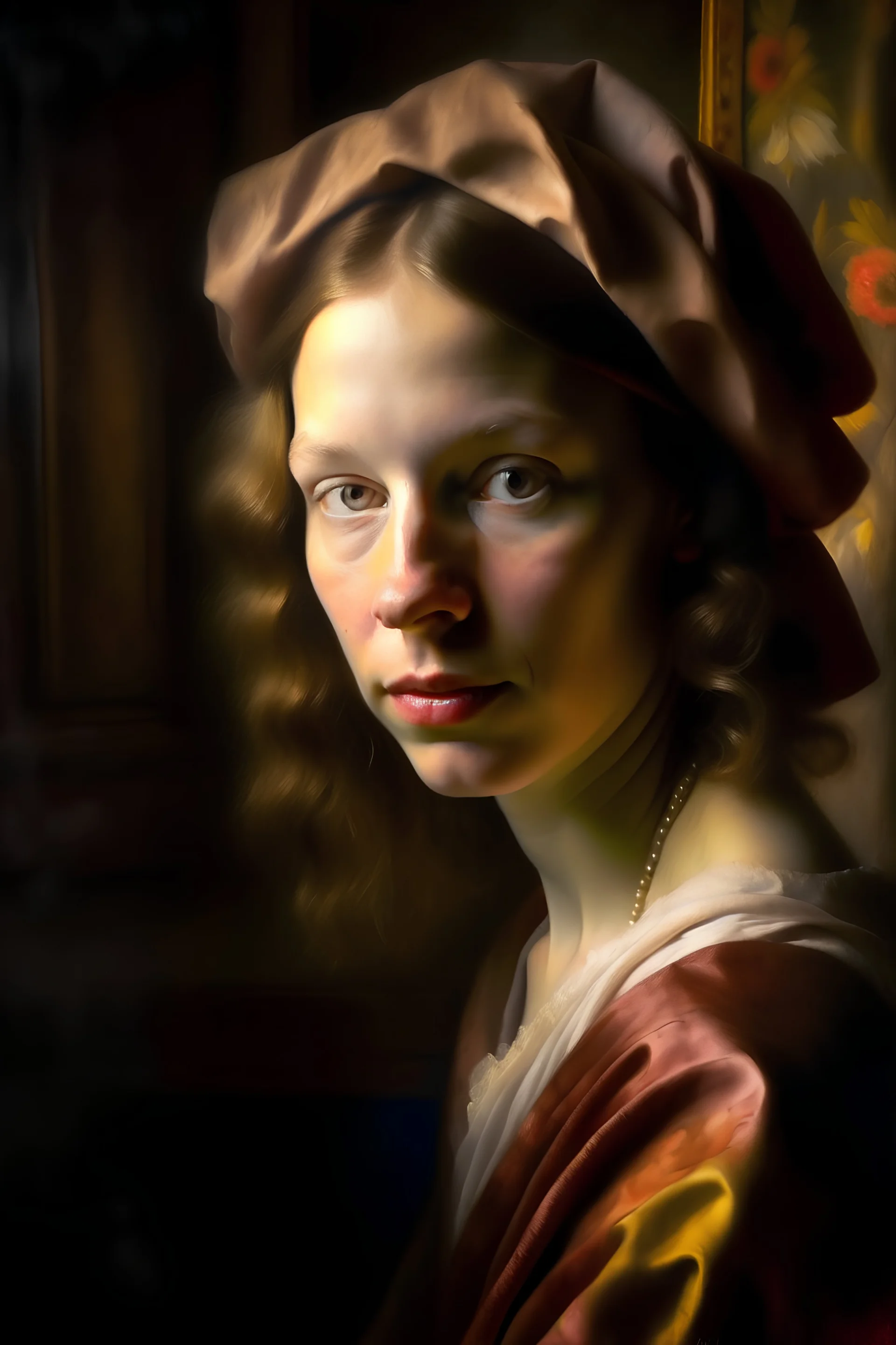 very detailed oil painting of a beautiful portrait of a 30 year old woman, realistic skin texture, perfect eyes, soft skin lighting, flower in her hair, looking into the camera, johannes vermeer light, soft atmospheric light, muted colors