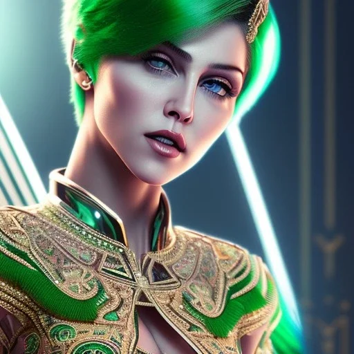 madonna, Cyborg warrior, light green hair, pixie hairstyle, cobalt eyes, waist up portrait, 8k resolution, intricate details, ornate details, soft lighting, vibrant colors, masterpiece, intricate eyeliner, dark eyeshadow, eyes, intricate tattoos, futuristic cityscape background