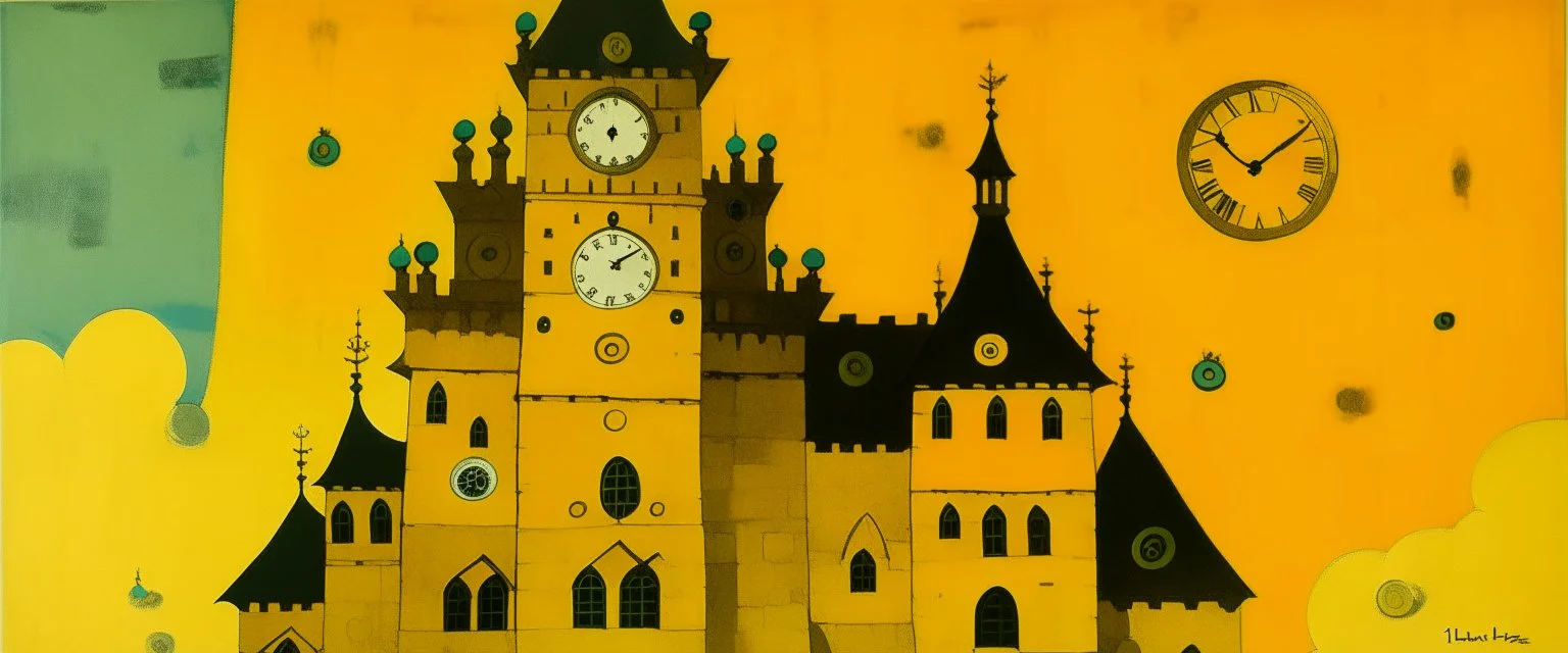 A yellow castle with clocks in daylight designed in Mayan architecture painted by Lyonel Charles Feininger