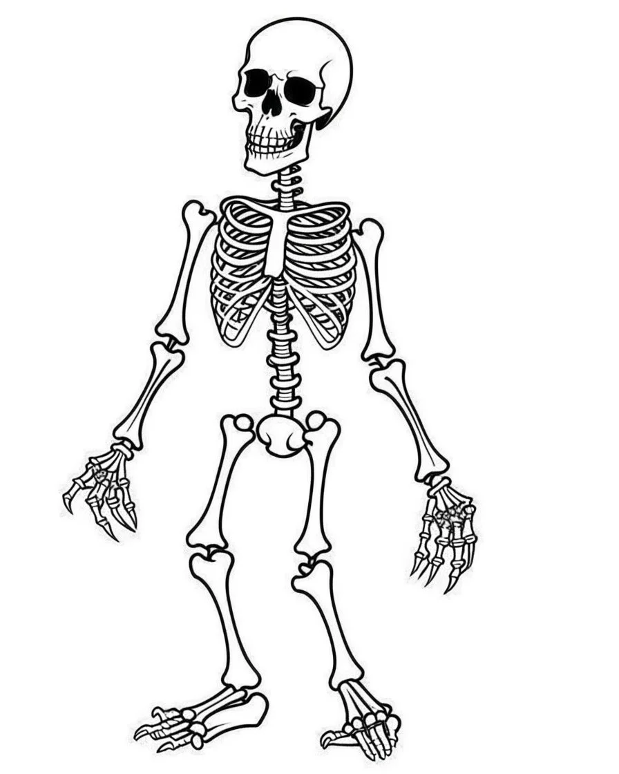 outline art for halloween coloring pages for kids with cartoon cute happy skeleton , white background, Sketch style, full body, only use outline, clean line art, white background, no shadows and clear and well outlined, coloring page for kids,