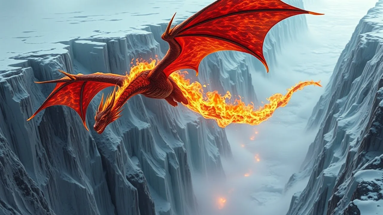 A dragon made of living fire soaring over an endless ice canyon, melting the ice below and creating rivers of steam as it passes. Photographic quality and detail, award-winning image, beautiful composition.