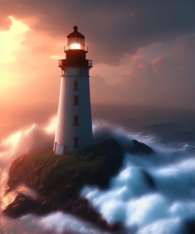 Fantasy, light house, unreal engine, waves crashing, 8k, sunset