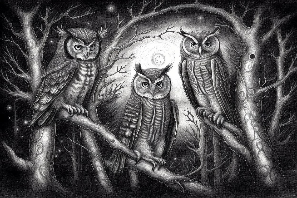 Above, high in the trees, the moonlight reveals a silent flight of owls. These mysterious creatures are the rulers of the night.- Pencil drawing, realistic, graphite