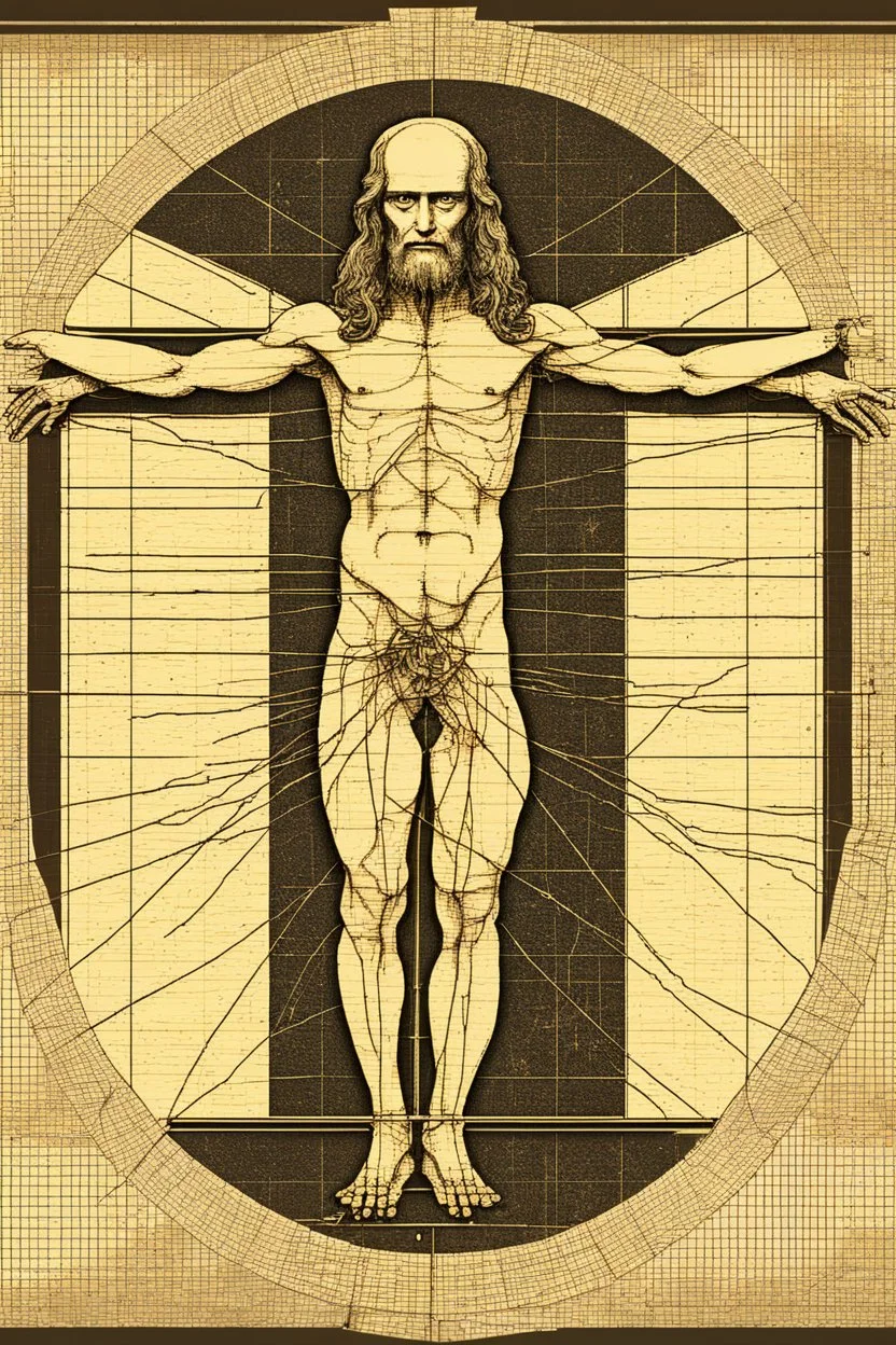 Leonardo da Vinci's Vitruvian man against the background of the matrix and the crumbling ones and zeroes.Solid science fiction, high resolution. Clear elaboration of all the details.