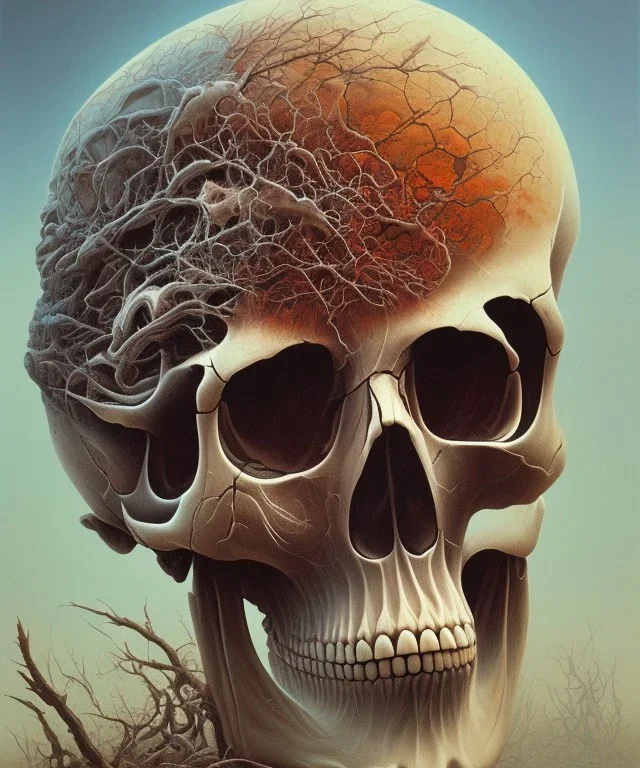 skull and neural network. oil on canvas, beksinski, poster