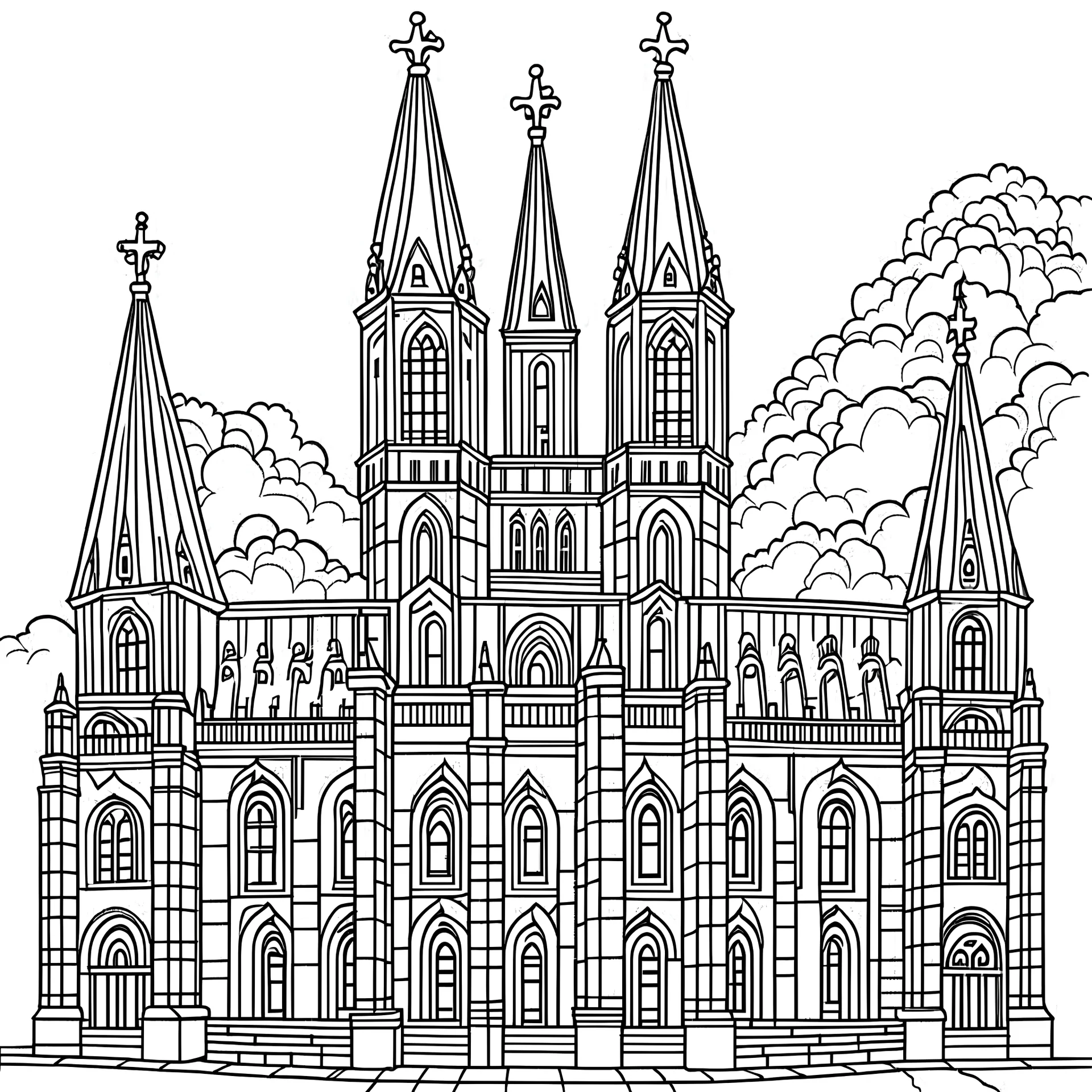 coloring book for cartoon style, no coloring, outline art, Cathedral, thick lines , white and black, white background, no shading and gryscel