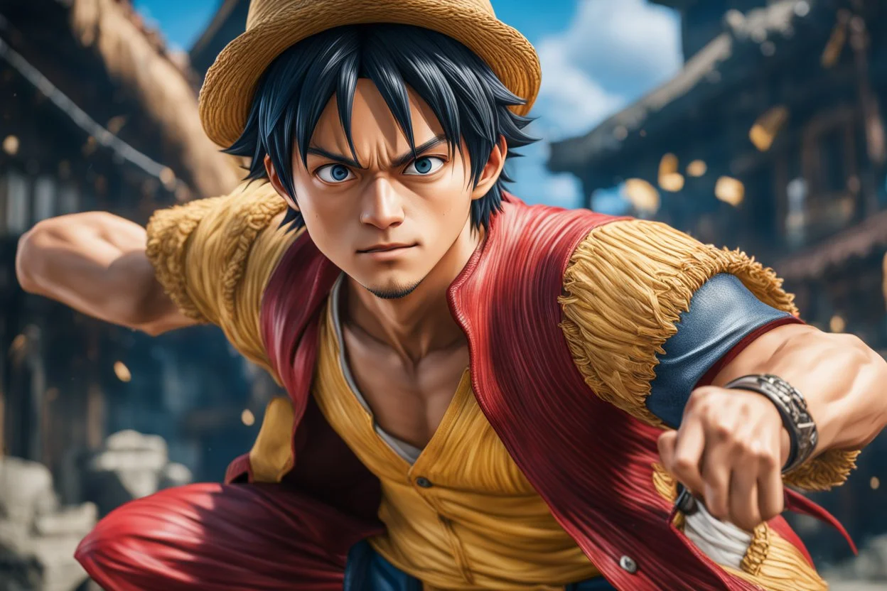 Luffy in 8k live action artstyle, dynamic pose, intricate details, highly detailed, high details, detailed portrait, masterpiece,ultra detailed, ultra quality